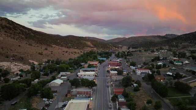 Eureka Nevada - Aerial Approach of Downtown Eureka NV Facing South at Sunset