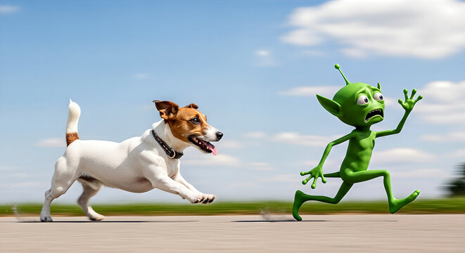 Jack Russell Terrier (Canis familiaris) chasing green alien cartoon