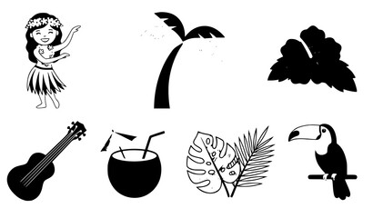 SEO Title: Tropical Hula Girl Vector Set with Palm Tree Hibiscus Ukulele Toucan Coconut Drink and Tropical Leaves © Mdashadul