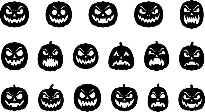 Assortment of wicked Halloween pumpkins with angry expressions and sharp teeth carved faces.
