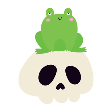 Cute Halloween green frog sitting on skull vector illustration. Cartoon funny toad character with rosy cheeks isolated on white background. Hand drawn element for spooky holiday decor, stickers.