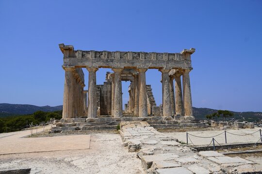 Front view of the ancient temple of Afaia on the island of Aegina, in Greece