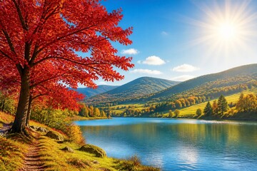 Obraz premium Red maple tree standing beside lake in autumn valley sunlight