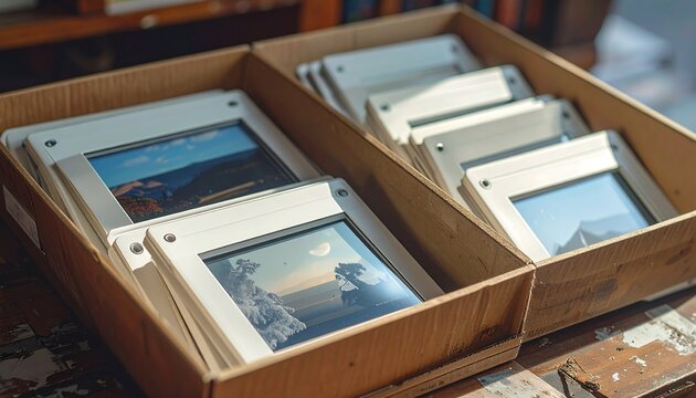 Close-up of photo slides inside cardboard boxes, with landscapes visible