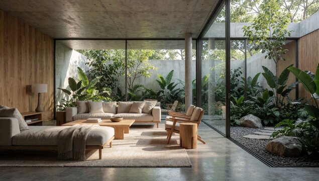 Modern living room high ceiling large windows offer greenery outside furnished beige sofa wooden armchairs cof