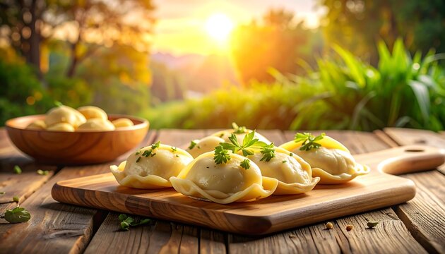 Close-up of pierogies on a wooden board with a bowl and sunlight, a tasty meal