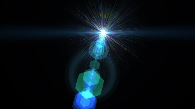 A dynamic image featuring a bright starburst of light with surrounding lens flare effects against a dark background, creating a vibrant, energetic visual impact.