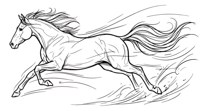 Galloping horse line art vector, majestic stallion running in motion, minimalist black and white equine sketch for logo design and coloring