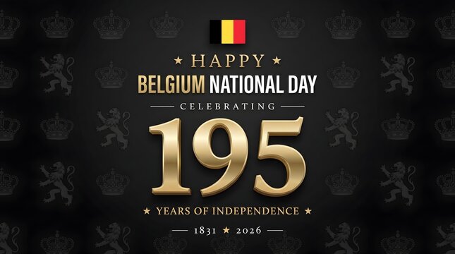 Happy Belgium National Day 195 years of independence celebration graphic with flag and royal emblem