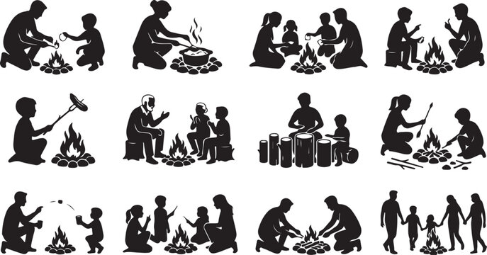Set of black silhouettes of families and children sitting around campfire for camping or outdoor travel isolated on white background, Vector
