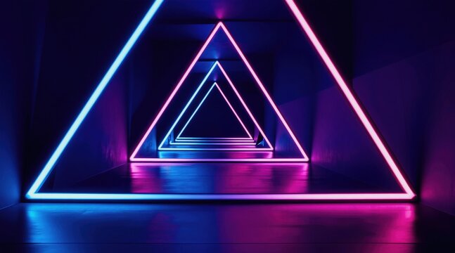 Abstract corridor with repeating neon triangles in pink and blue. Futuristic tunnel with reflective floor and dark walls. Modern interior design with geometric shapes and glowing lights.