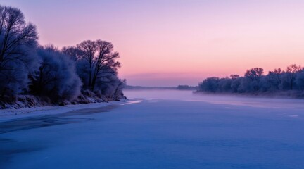 Obraz premium Frozen river reflects pink dawn sky. Frost covers trees along bank creating magical winter scene. Calm water surface mirrors colorful twilight hues. Peaceful landscape evokes serenity, ideal for