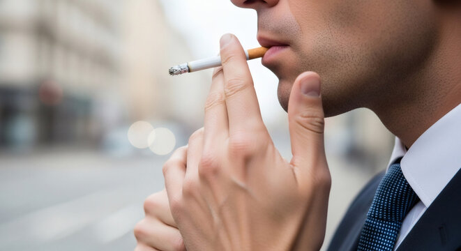 Businessman smoking a cigarette while standing outdoors in a city setting wearing a formal suit and blue tie daily