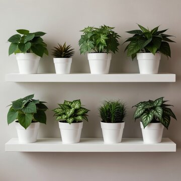 Various houseplants sit on minimalist white shelves. White pots hold diverse green plants creating calm interior decor. Stylish arrangement adds texture, elegance to room design. Simple setup