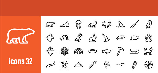 Arctic Animals and Environment Outline Icon Set. Vector collection of polar wildlife and nature elements. © liubomir118809