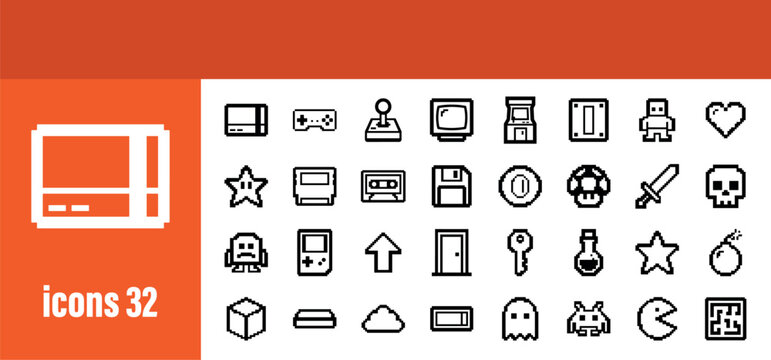Pixel Art Gaming Icons Collection. Retro video game elements, arcade console, controller, mushroom, sword, and ghost symbols.