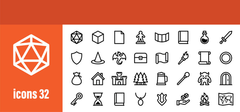 Fantasy Role-Playing Game Icons Set. Mythical creatures, magic items, weapons, and medieval symbols for adventure.