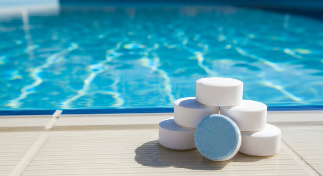 Chlorine tablets stacked on the tiled edge of a blue swimming pool for water maintenance and hygiene chemical treatment