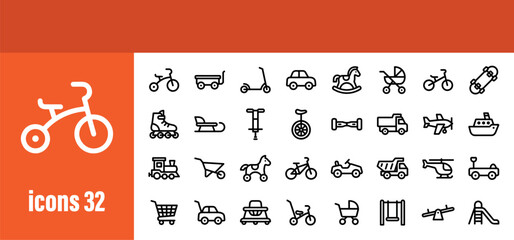 Children's toy icons - vehicles, ride-ons, dolls, and outdoor play equipment © liubomir118809