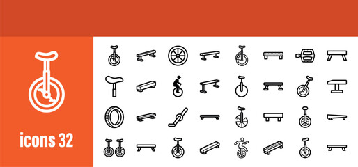 Unicycle and circus icons - including unicycles, benches, tires, and balancing equipment © liubomir118809