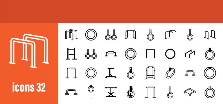 Gymnastic Equipment Icons: Bars, Rings, Vault, and Mats for Sports