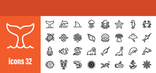 Marine life and sea animal icons. © liubomir118809