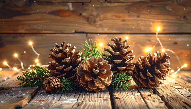 Close-up of pinecones, fir branches, and fairy lights on a rustic wooden surface