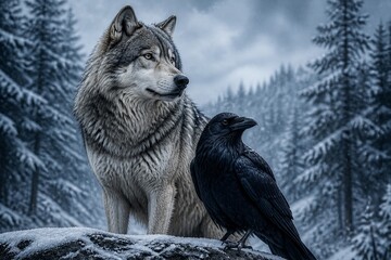 Fototapeta premium Wolf standing beside raven on snowy forest rock winter landscape