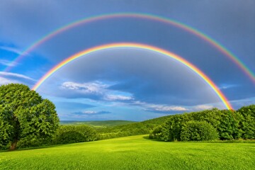 Naklejka premium Double rainbow arching over green rolling hills landscape