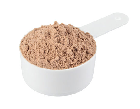 Protein powder scoop filled with brown chocolate flavored supplement for muscle building and fitness nutrition&nbsp;