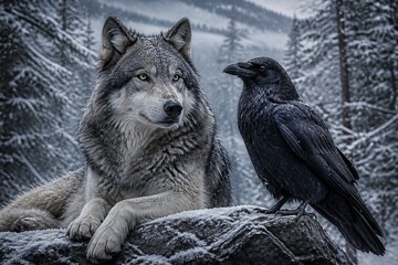 Fototapeta premium Wolf and raven resting together on snowy rock in forest