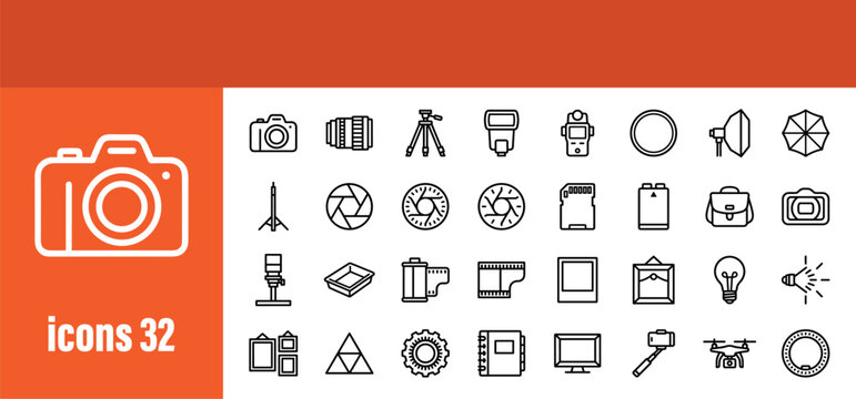 Photography and Camera Equipment Line Icons Set