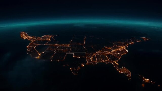 Glowing cities illuminate the United States from space at night, highlighting vast networks of light.