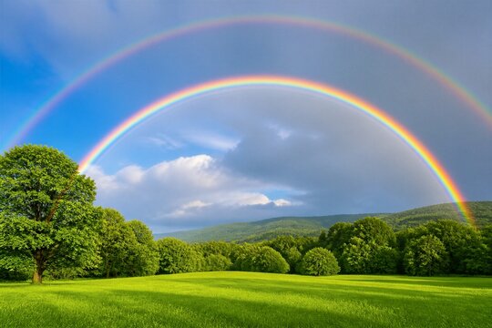 Double rainbow arching over green meadow and rolling hills