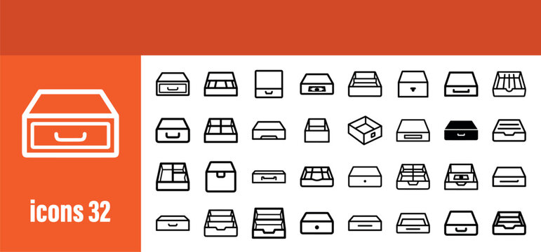 Cash Drawers and Retail Finance Line Icons Set. Collection of various money storage units, filing systems, and retail payment elements.
