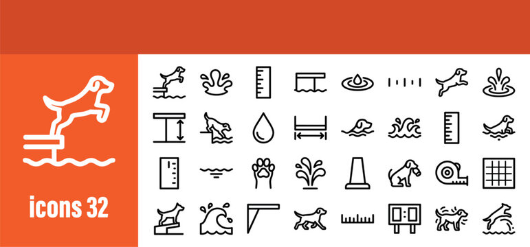 Dock Diving Dog Sport Outline Icons Set