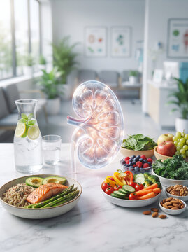 Healthy Kidney Diet Concept with Nutritious Foods, Hydration and Glowing Kidney Anatomy &ndash; Nutrition for Kidney Health and Wellness
