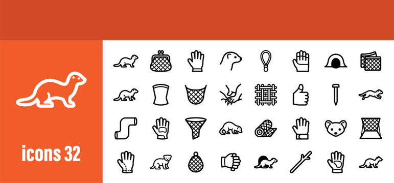 Trapping and wild animal care line icons set. Outline symbols for ferrets, weasels, and related equipment.