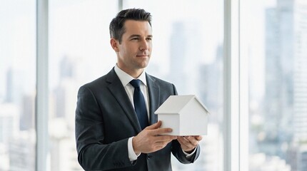 Fototapeta premium Professional Real Estate Agent in Business Suit Holding Small Miniature House Model in Modern Office