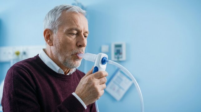 Man using a spirometer for lung function test: portable medical device for respiratory health monitoring and diagnosis
