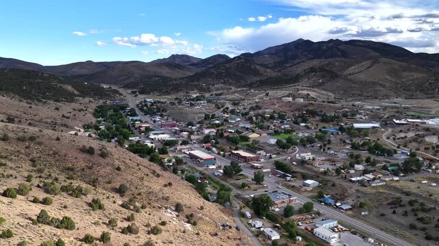 Eureka Nevada - Aerial POI of Downtown Eureka NV on Summer Day with High Clouds