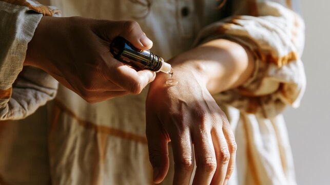 Person applying essential oil to hand with roller bottle