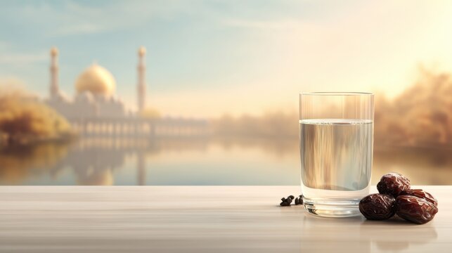 A clear glass of Zamzam water and dates placed on a wooden table with a blurred mosque and golden sunlight in the background