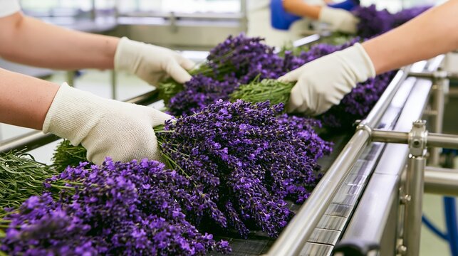 Workers in gloves bundle fresh lavender on a conveyor belt in a processing facility