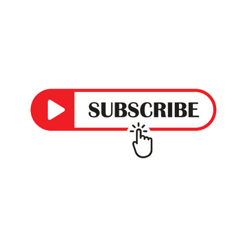 Flat vector illustration of a red and white YouTube subscribe button featuring a play icon and a clicking hand pointer cursor, isolated on white.