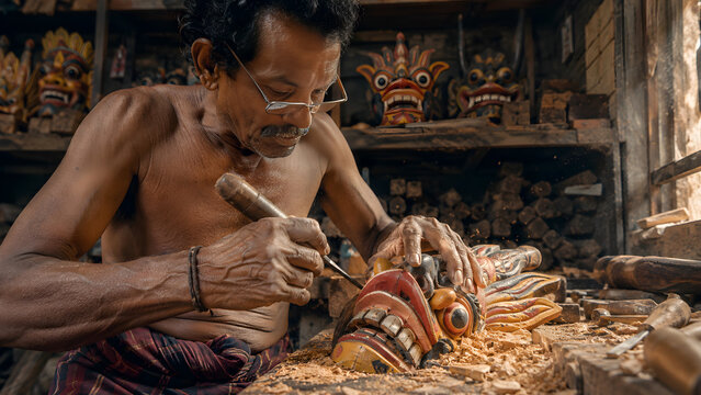 Traditional Sri Lankan artisan carving a wooden devil mask in Ambalangoda workshop
