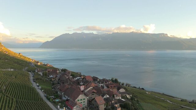 Drone flying over Lavaux vineyards at sunset