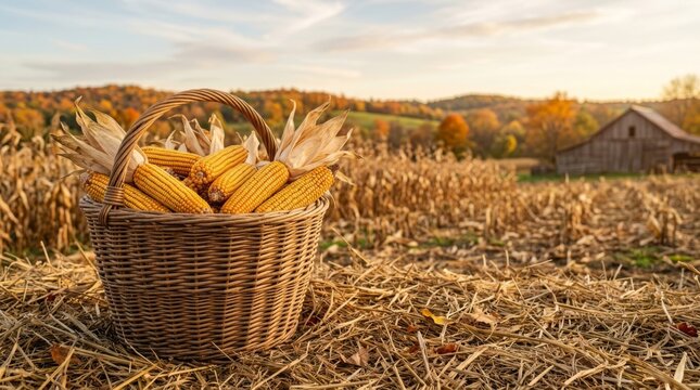 Basket of freshly harvested corn on straw in a vast agricultural field with a farmhouse and barn in the background at sunset
