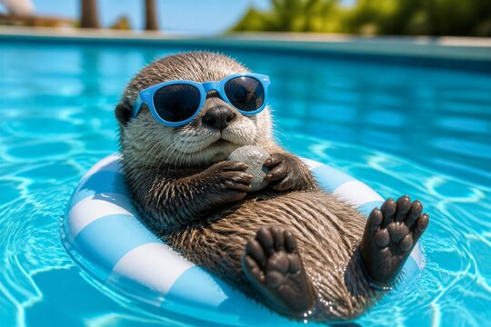 Young otter lounging on pool float wearing sunglasses