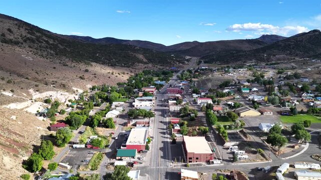Eureka Nevada - Aerial Shot of Downtown Eureka NV Facing South with Sun Shining 